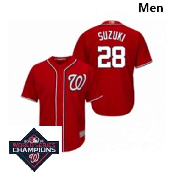 Mens Washington Nationals 28 Kurt Suzuki Red Alternate 1 Cool Base Baseball Stitched 2019 World Series Champions Patch Jersey